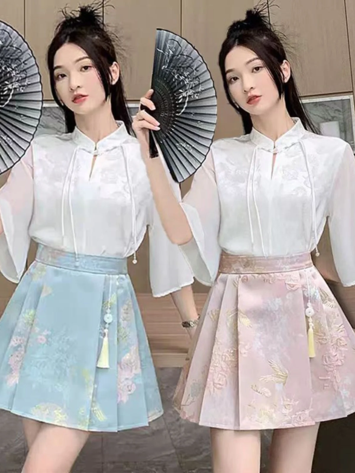 

New Chinese Sle Ancient Tailed Skirt Set Women Slim High Waist f Body Bicolor Pleated ort Skirt Summer Faion