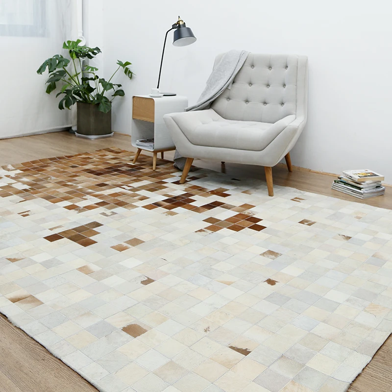 

Genuine Cowhide Leather Rug Brown Plaid Patchwork Carpet For Living Room Modern Parlor Sofa Coffee Table Floor Mat Home