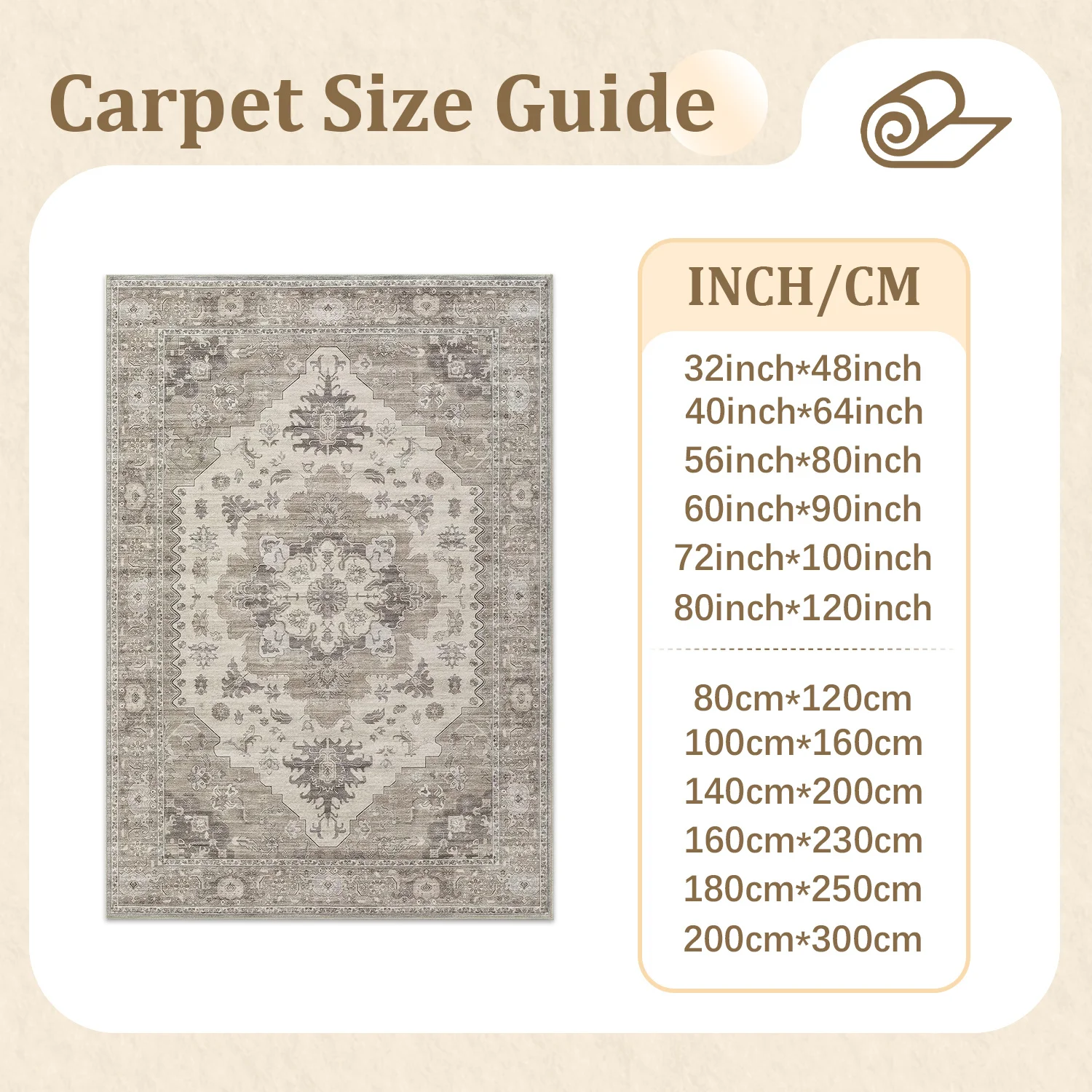 Large Indoor Area Rug, Soft Velvet Low Pile with Non-slip Dotted Backing, Machine Washable Vintage Distressed Medallion Neutral Beige Gray Rug for Living Room Bedroom