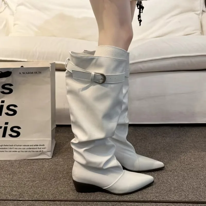 Vintage Korean Style High Top Knight Boots with Buckle Thick Heel Women's Ankle Boots PU Material Winter Season