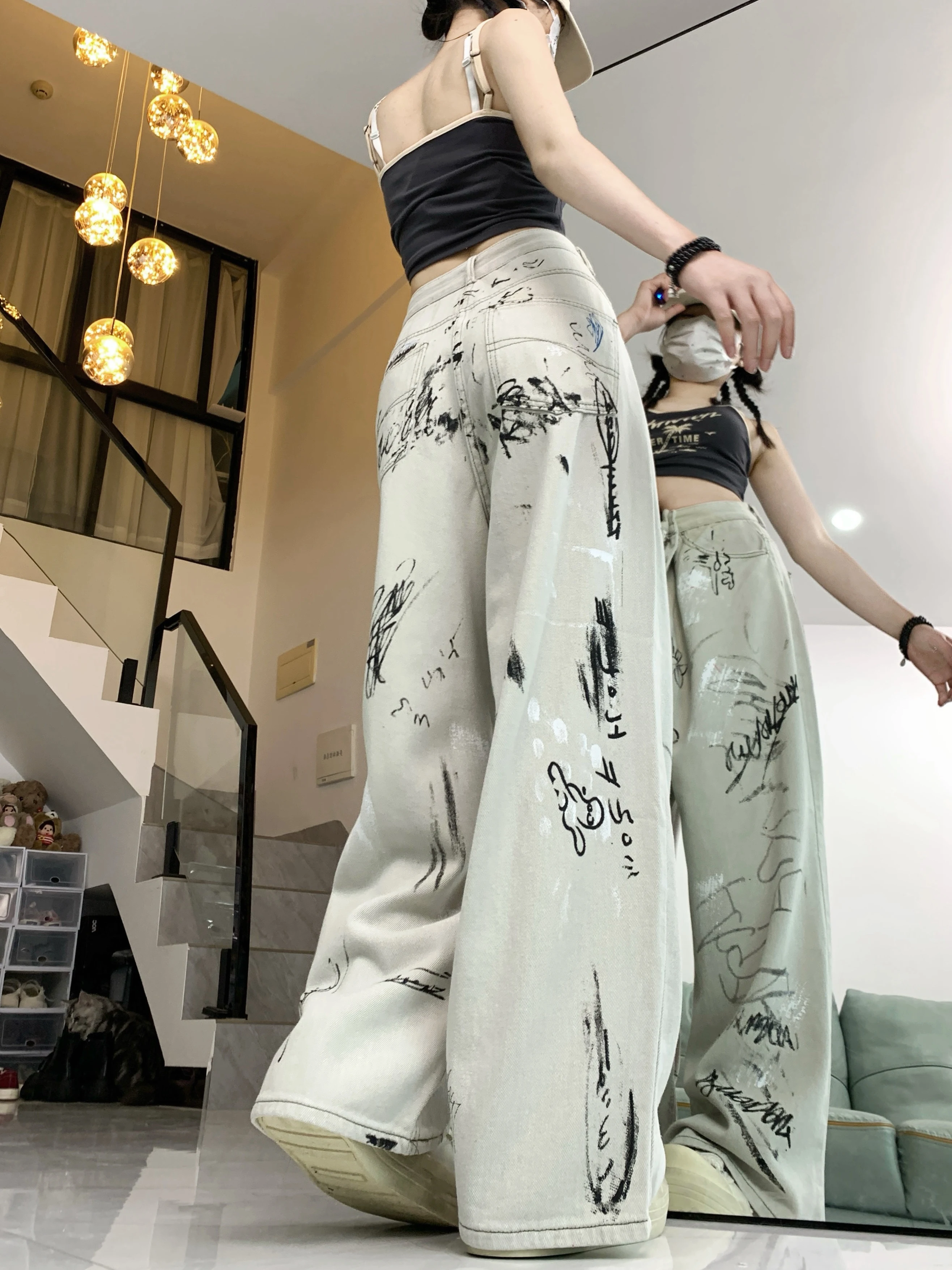 High Street Scrawl Print Jeans for Women American Hip-hop Vintage Wide Leg Pants Women Casual Trendy All-match Woman Trousers