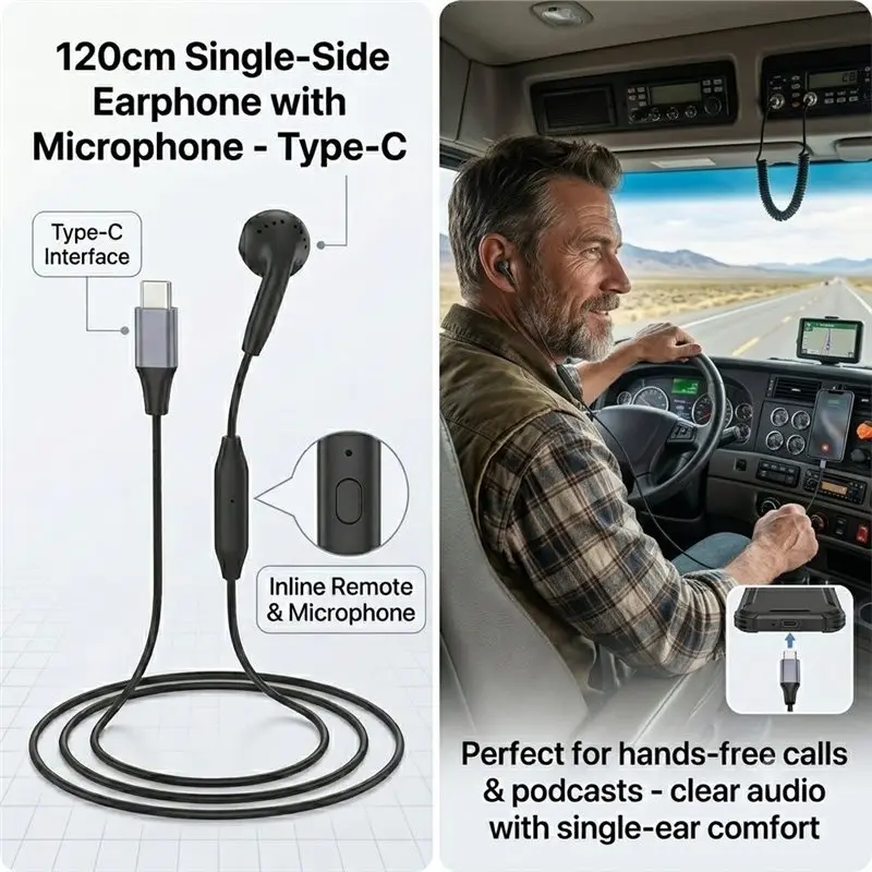 DT75BG Type C Single Earbud with Mic, Wired Mono Earphone Inline Control Sleep Headphone for Driving, Calls, Work