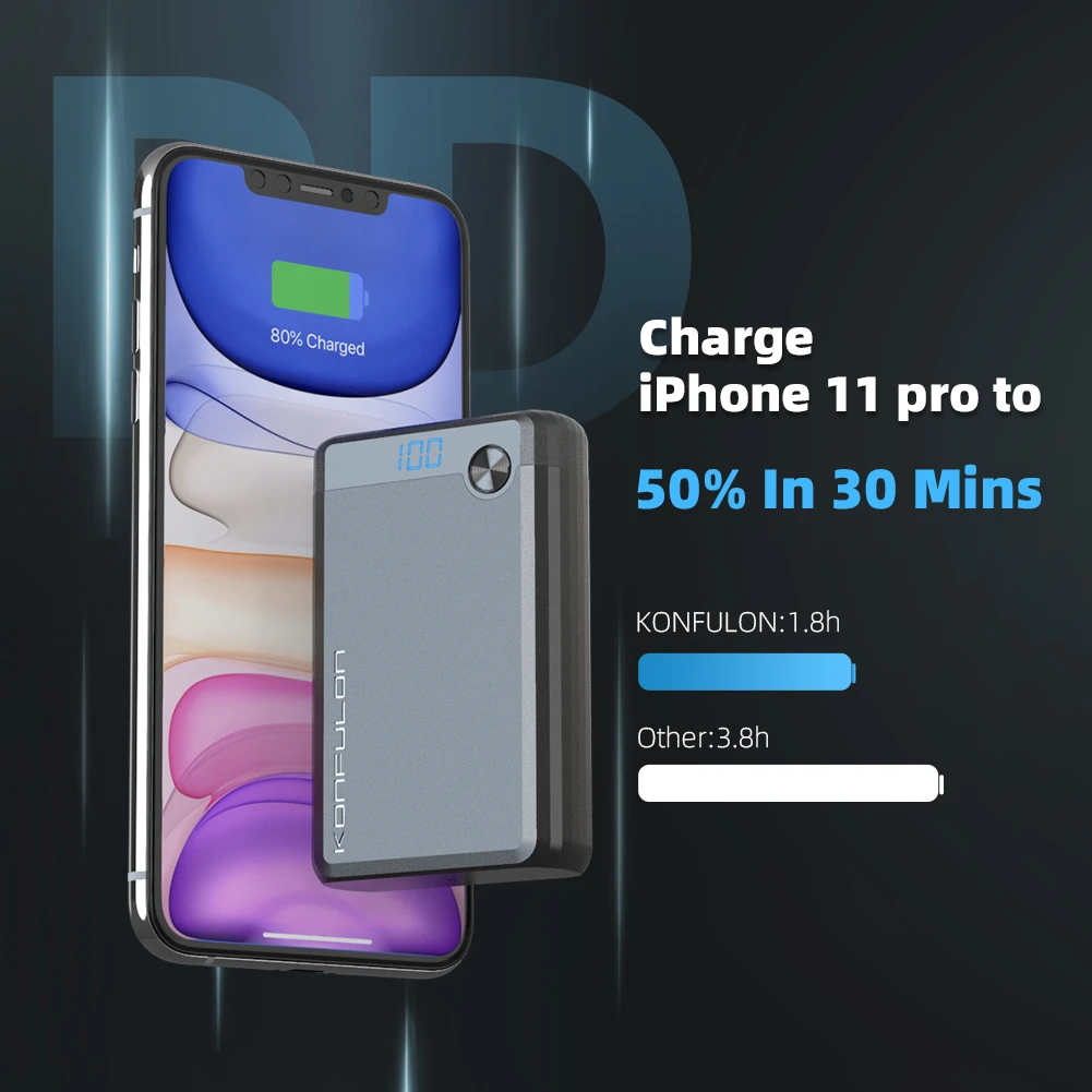 

KONFULON MIni Power Bank 10000mAh Powerful 18W LCD Display Portable External Battery Fast Charger Powerbank for iPhone 14 Xiaomi