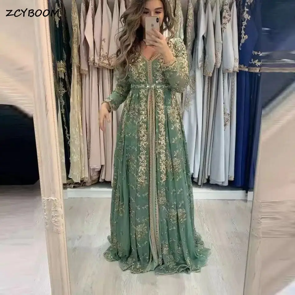 Disesuaikan gaun malam Formal Kaftan hijau Maroko 2024 lengan panjang Arab Dubai leher V applique emas gaun pesta Prom