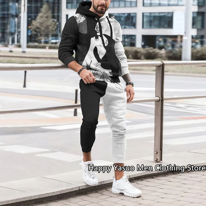 

Autumn winter New Long Sleeve Fleece Hoodie and Long Pants Streetswear Clothes Men's Sweatpants Tracksuit 2 Piece Set 3D Printed