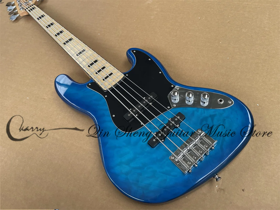 

5 Strings Blue Bass Guitar ASH Wood Body Squilted Maple Top Maple Fingerboard Black Inlay Fixed Bridge