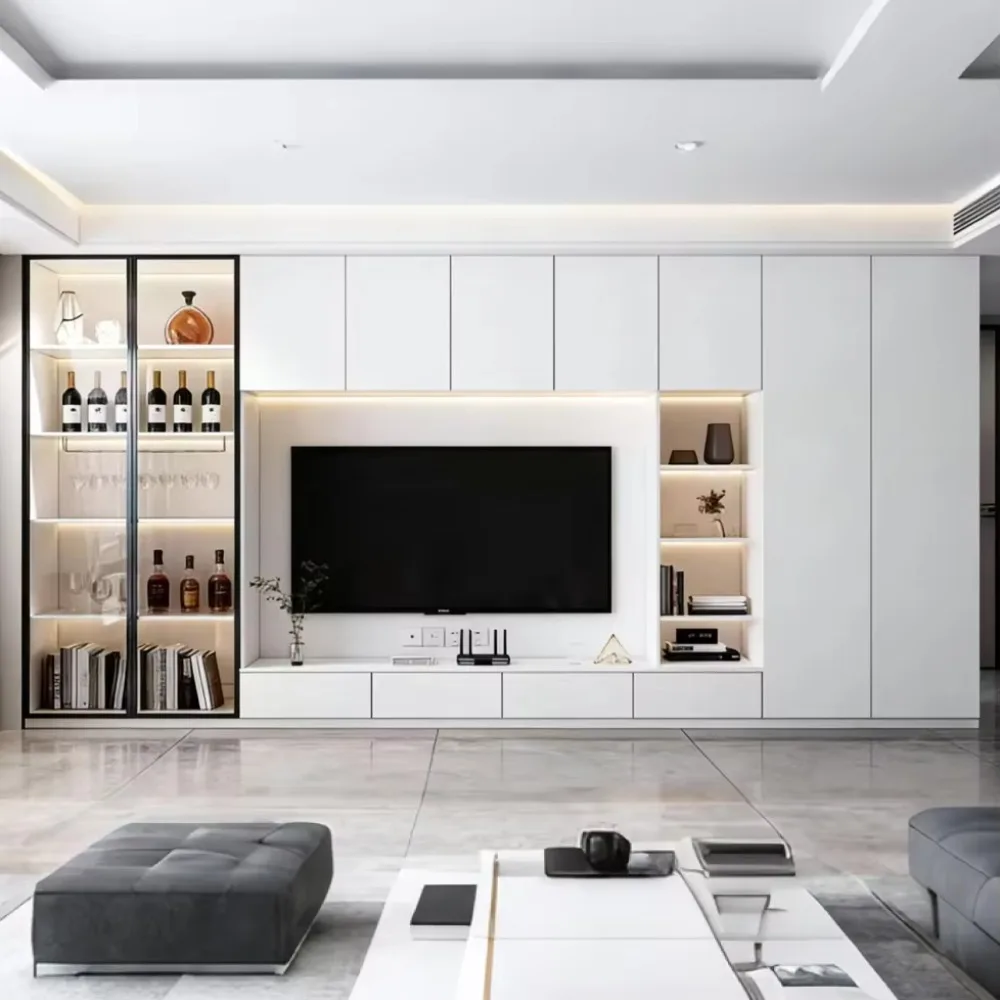 Minimalist Modern Custom Full Wall Solid Pine Wood Durable TV Cabinet with Storage for Living Room Apartment Home Furniture