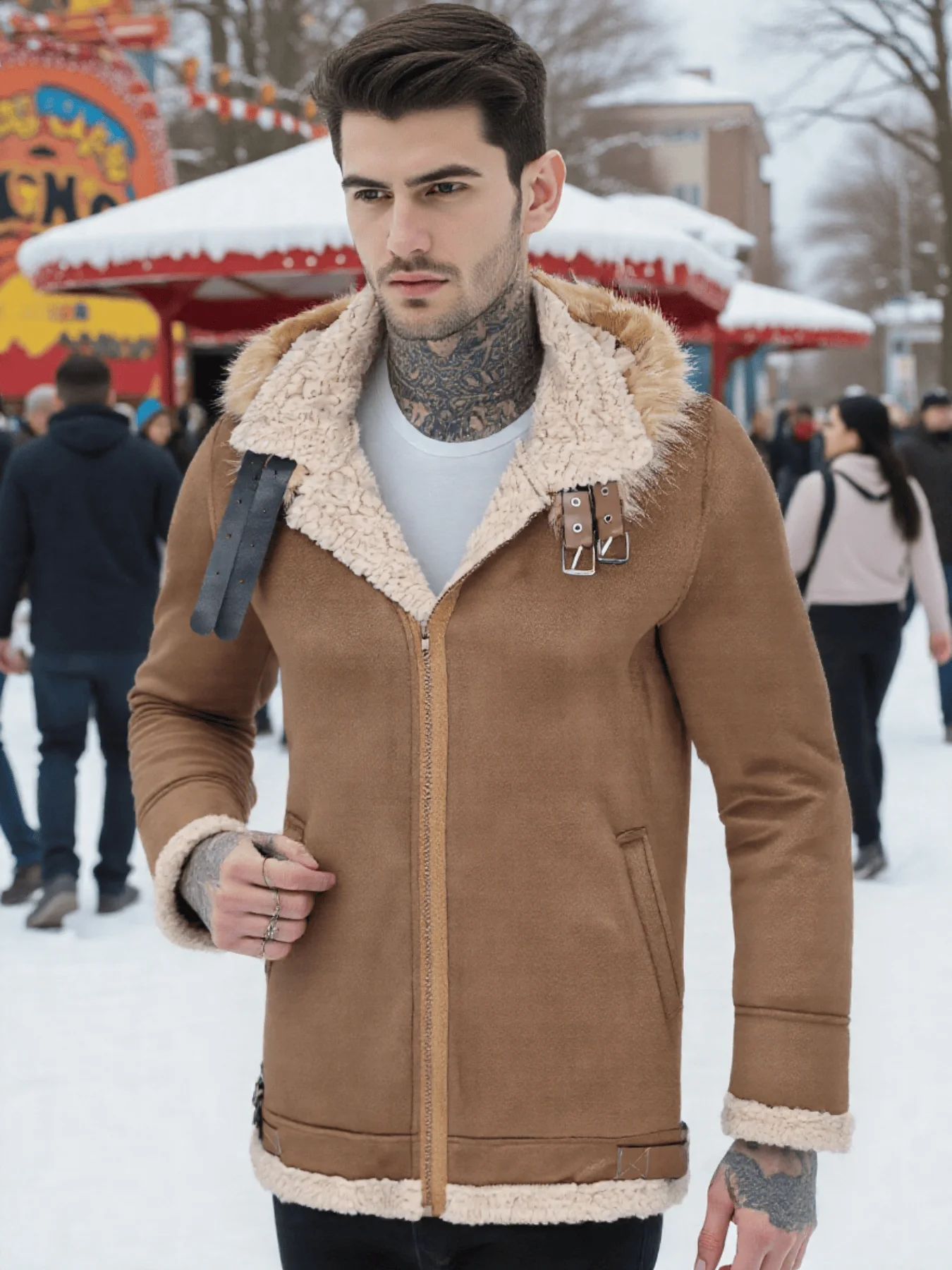 Casual Men's Wool Overcoat Thickened Zipper Design Tweed Jacket for Autumn/Winter Warm Commute Mid-Length Tweed Windproof Coat
