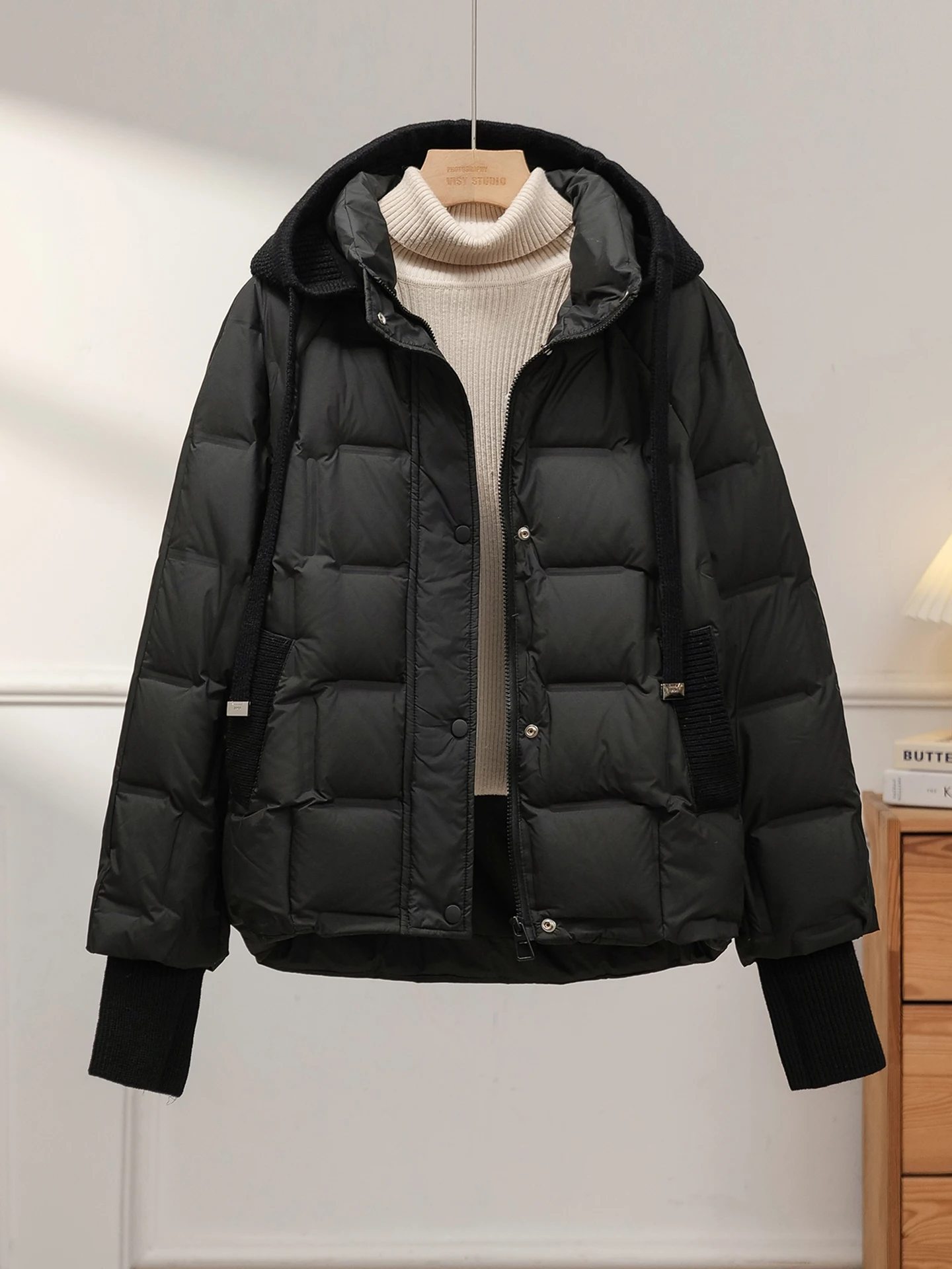 شتاء جديد المرأة ort Thiened مقنعين أسفل Jaet خفيفة الوزن الأبيض دو ريشة الكفة المرنة Sve ملابس خارجية #5