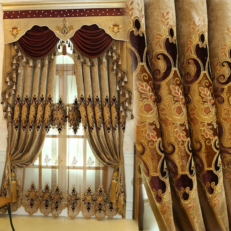 

European Luxury Embroidery Brown Curtains High-end Custom Embroidery Partition Blackout Window Curtains for Living Room Bedroom