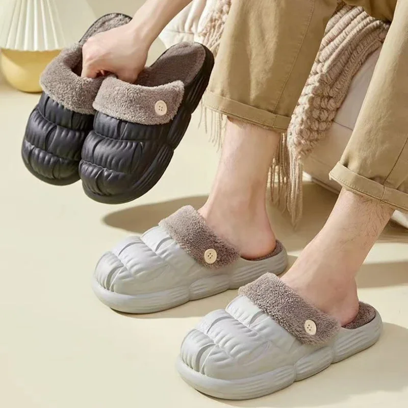 2023 Removable Insole Waterproof Cotton Slippers Women Men Winter Warm Shoes Thick Sole Anti-slip Couples Indoor Street Slipper