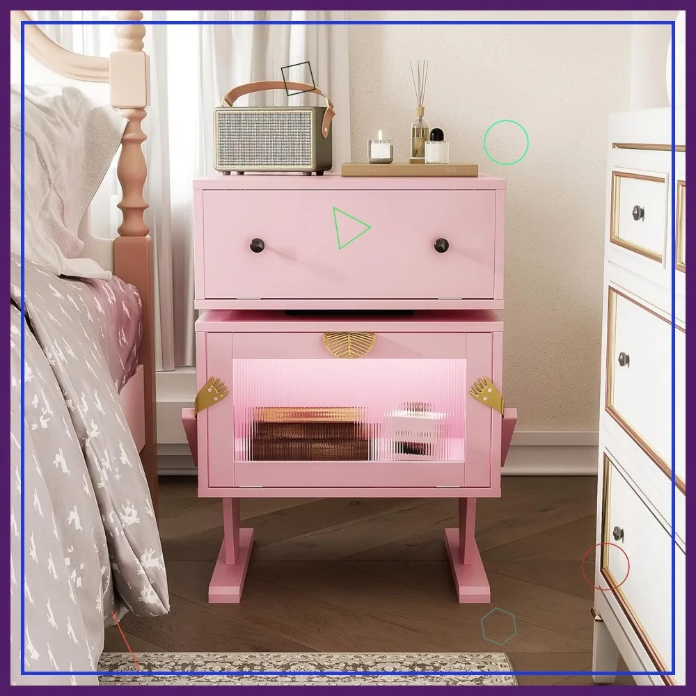 

Pink LED Nightstand with 360° Rotating Drawer & Glass Door, Modern Bedside Table for Bedroom, Home Office