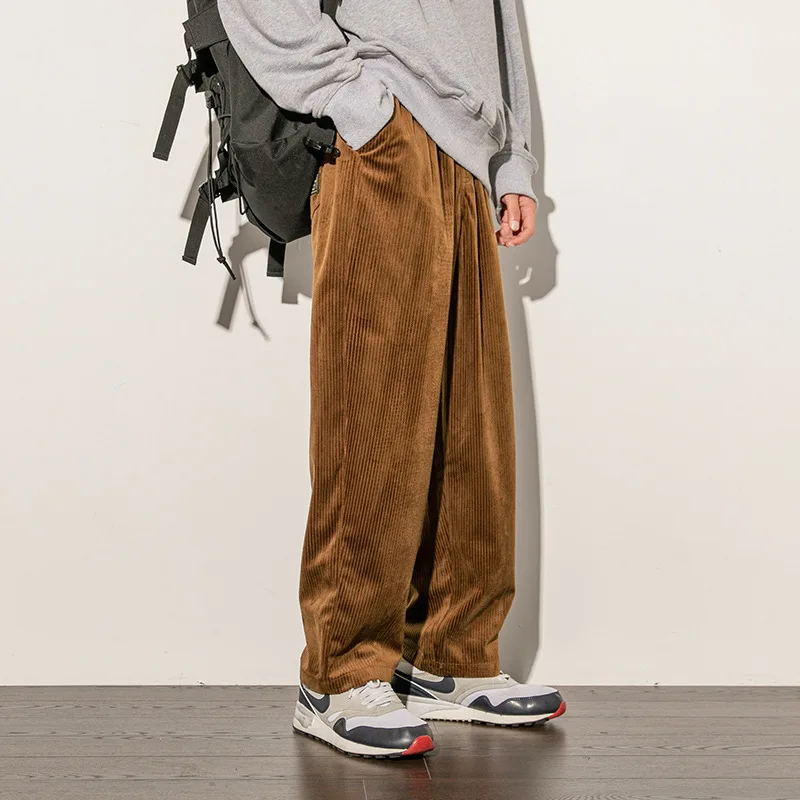 Retro Vertical Striped Men's Pants Corduroy Autumn Casual Pocket Trousers Loose Straight Bottoms Fashion Sports Male Clothing