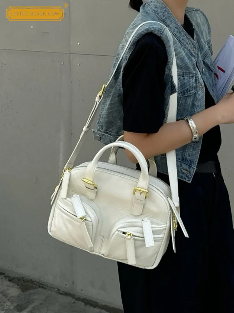 

Office Ladies Retro Multi Pocket Zipper Solid Color Genuine Leather Tote Handbag Single Shoulder Casual Underarm Messenger Bag