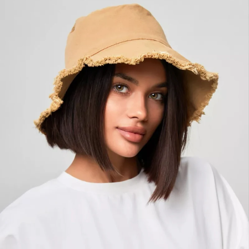 Fashion Raw Edge Bucket Hat Ladies Sun Beach Bob Cap Unisex Outdoor Sport Pull Up Fisherman Hat Wholesale Custom Pastis Logo Hat