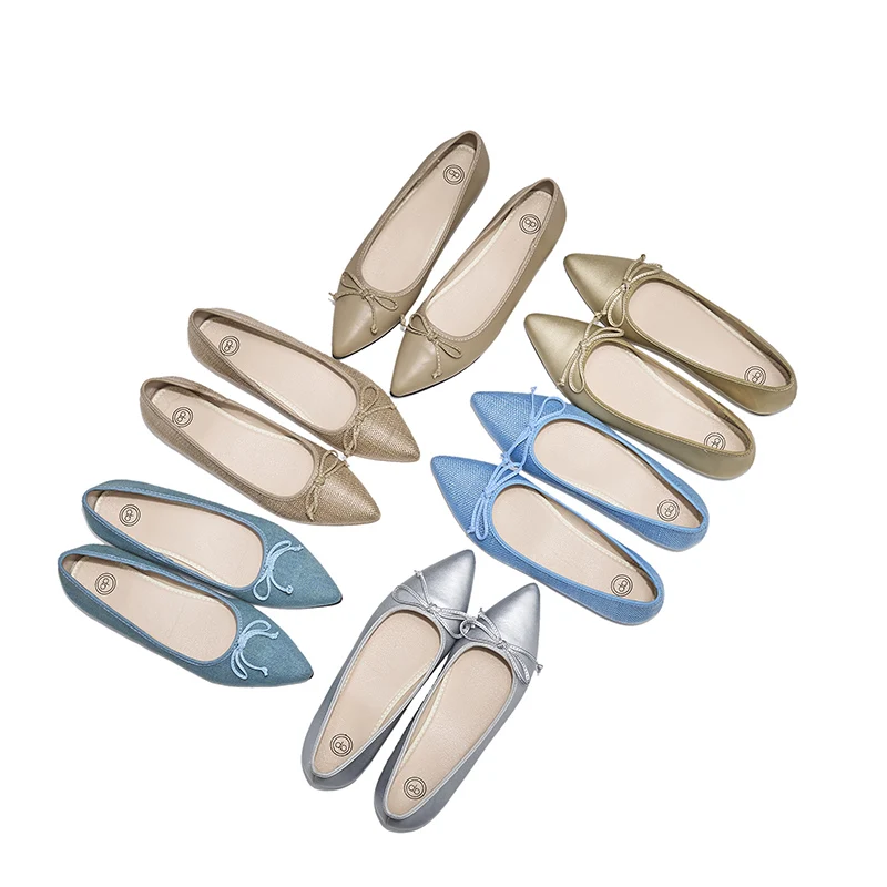 Previous Classic Pointy Flat For Female Blue Burlap Gold Silver Leather With Bow Girls Casual Shoes For New Spring And Summer