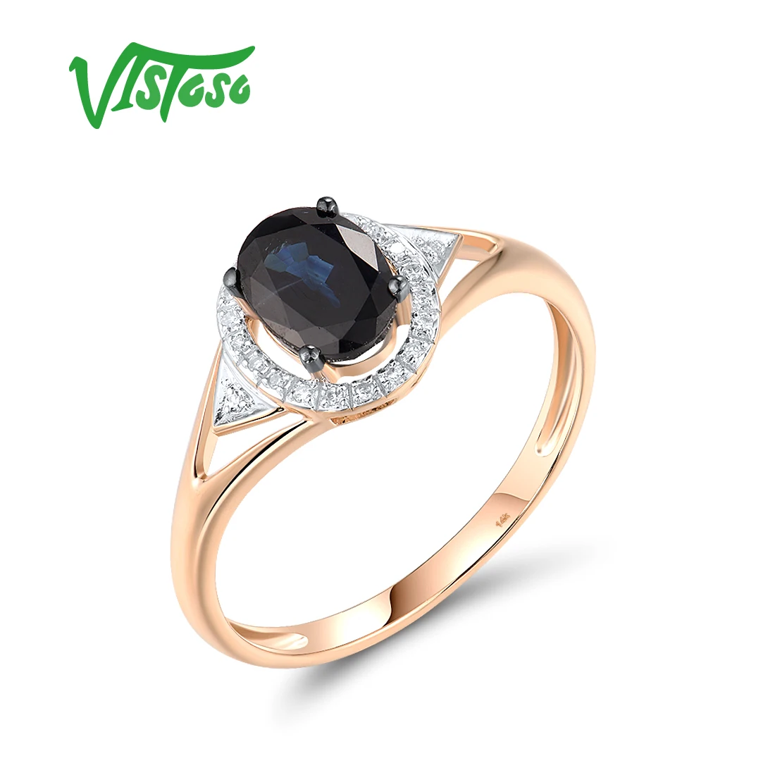 VISTOSO Real Solitaire 14K 585 Rose Gold Ring For Women Sparkling Diamond Blue Sapphire Wedding Engagement Gift Fine Jewelry