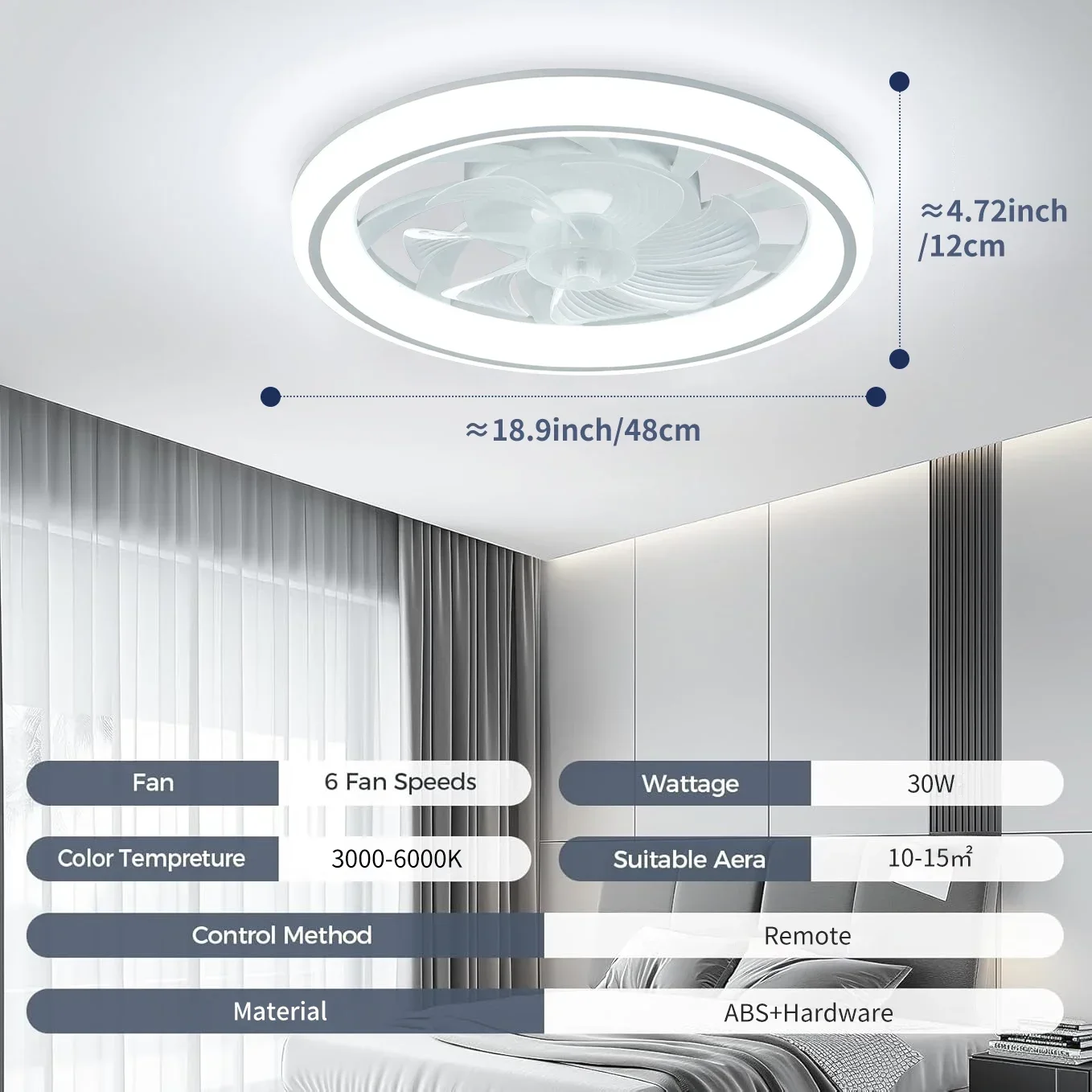 Integrated LED Ceiling Fan Light in Bedroom, 48cm in Living Room and Dining Room, Remote Control with 6 Wind Power Ceiling Fans