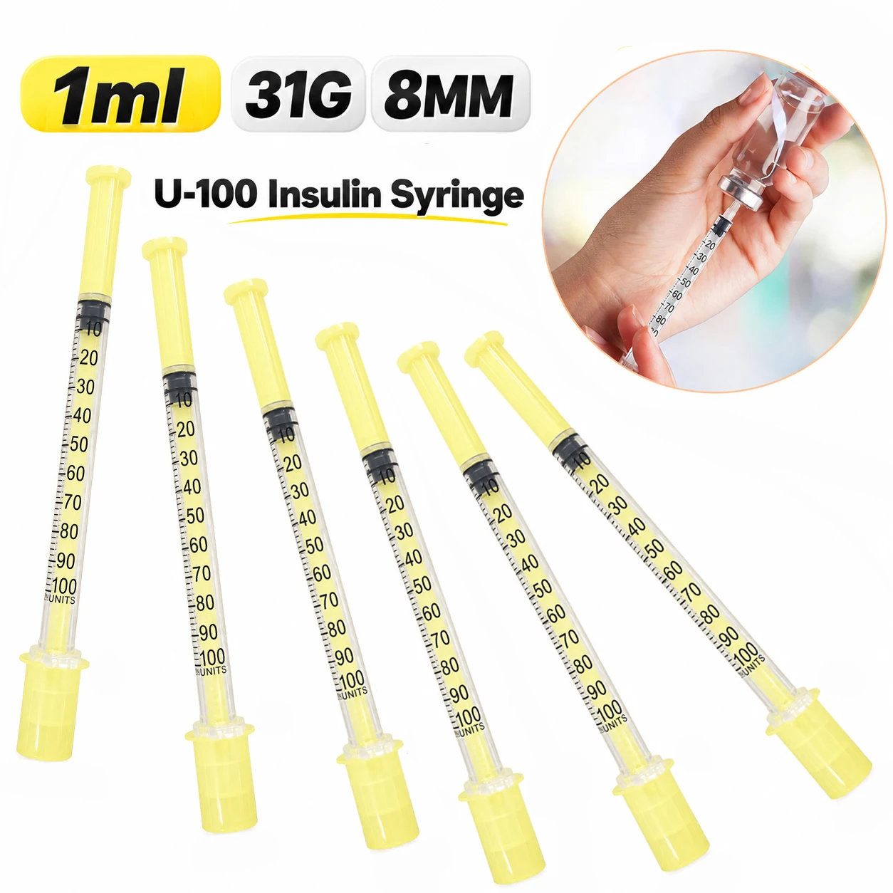 Lemon Yellow 1ML/CC U-100 insulin Syringe With Super Fine Needle 31G 8MM 5/16