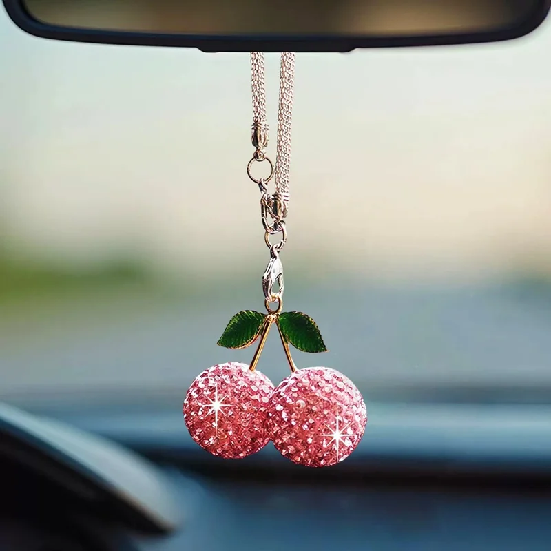 Car Mirror Decoration Cherry Crystal Rhinestone Women Cute Hanging Interior Accessories Ornament Auto Shiny Pendant