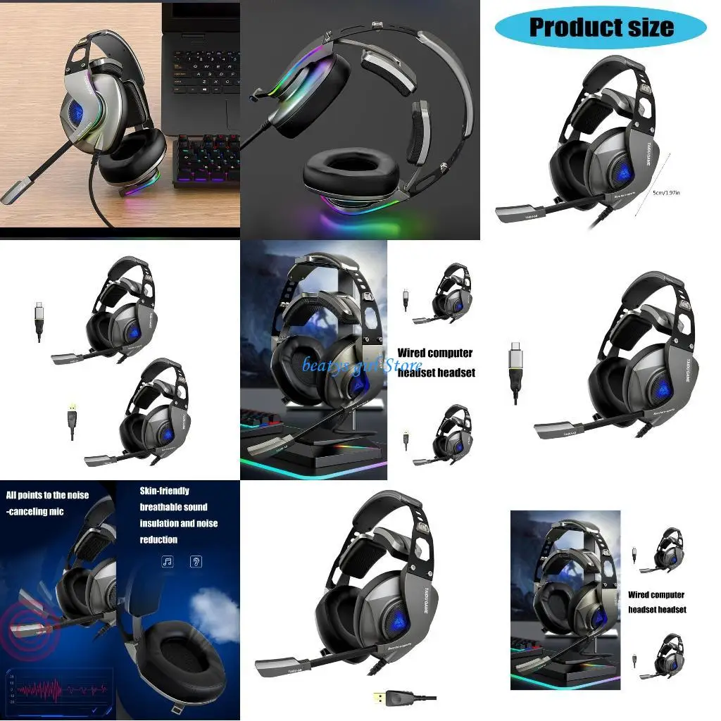 C7AB USB Gaming Headset with Microphone Light for PC Laptop Over Ear Headphones