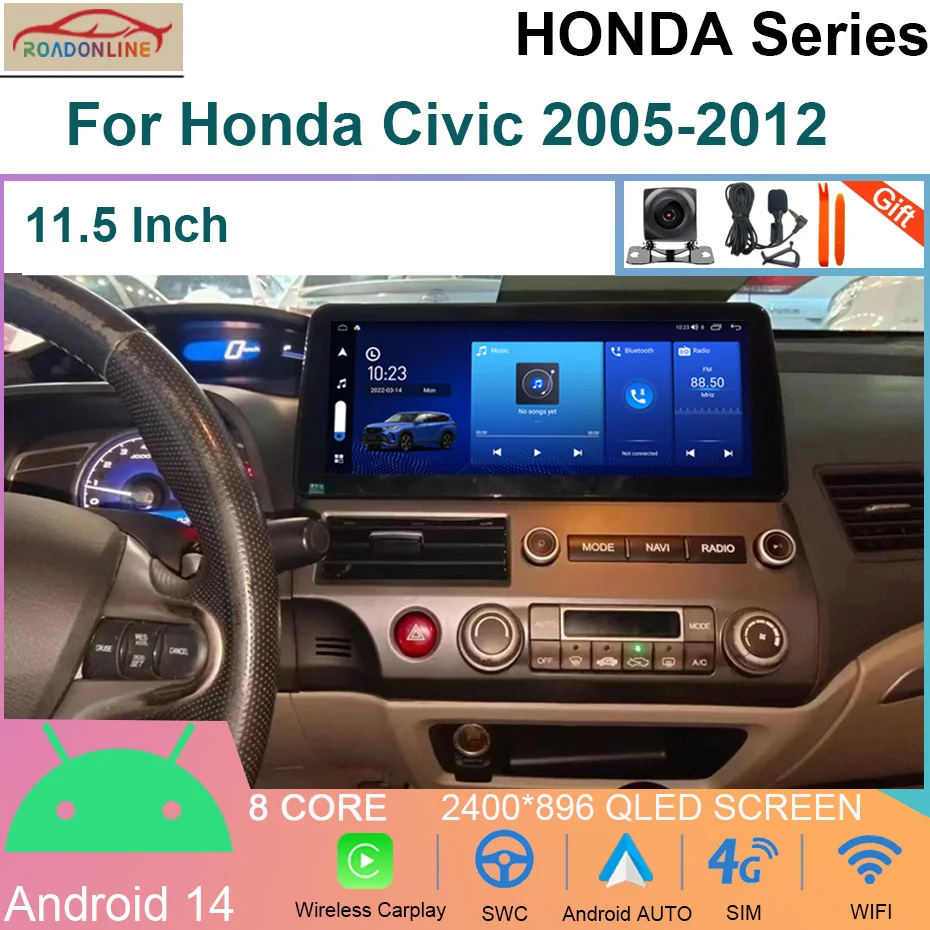 12.3 INCH Android 14 Car Radio Multimedia Player For Honda Civic 2005-2012 Navigation GPS Audio Stereo 4G CarPlay Head Unit