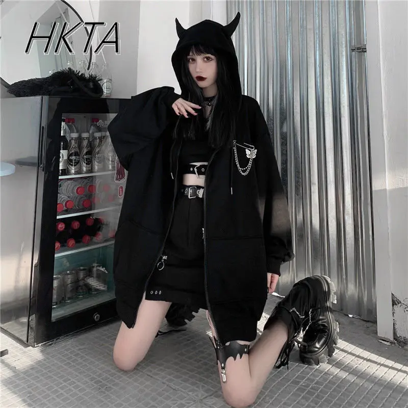 Harajuku Punk Gothic Girls Black Coat Autumn Winter Women Devil Horn Hoodies Sweatshirt Hooded Japanese Hip Pop Jacket Y2k Top