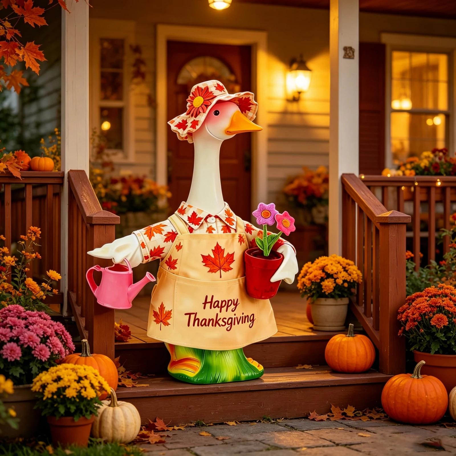 Porch Goose Thanksgiving Outfits Maple Leaf Print Shirt + Sun Hat + Overall Dress for 23 Inch Goose