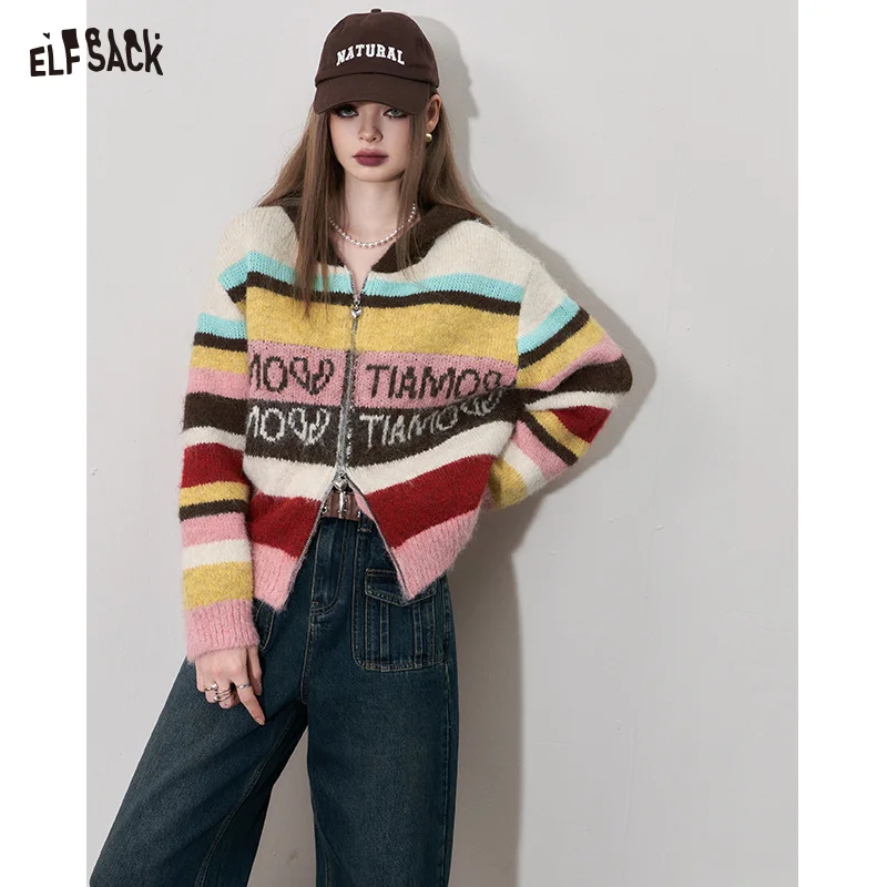 ELFSACK Y2K 2000s Zip Up Sweaters Women 2023 Winter Retro Long Sleeve Knitwears