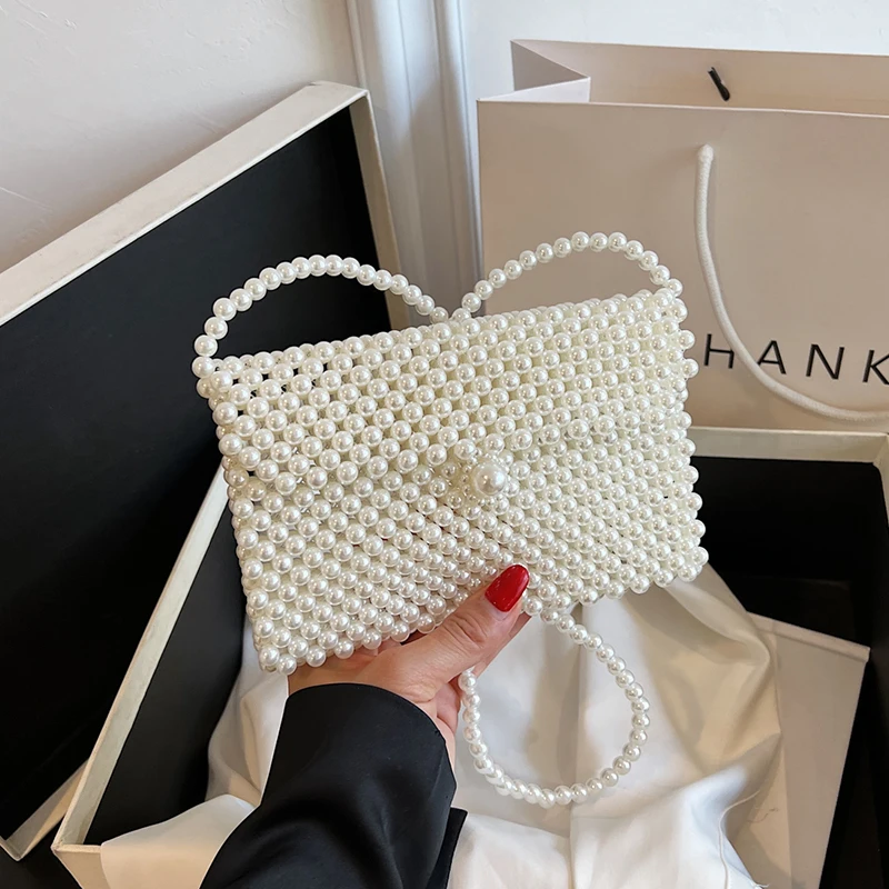 Handmade Woven Beaded Bags For Women Luxury Pearl Crossbody Handbag 2023 New Fashion Beach Shoulder Bag Clutches Party Bags