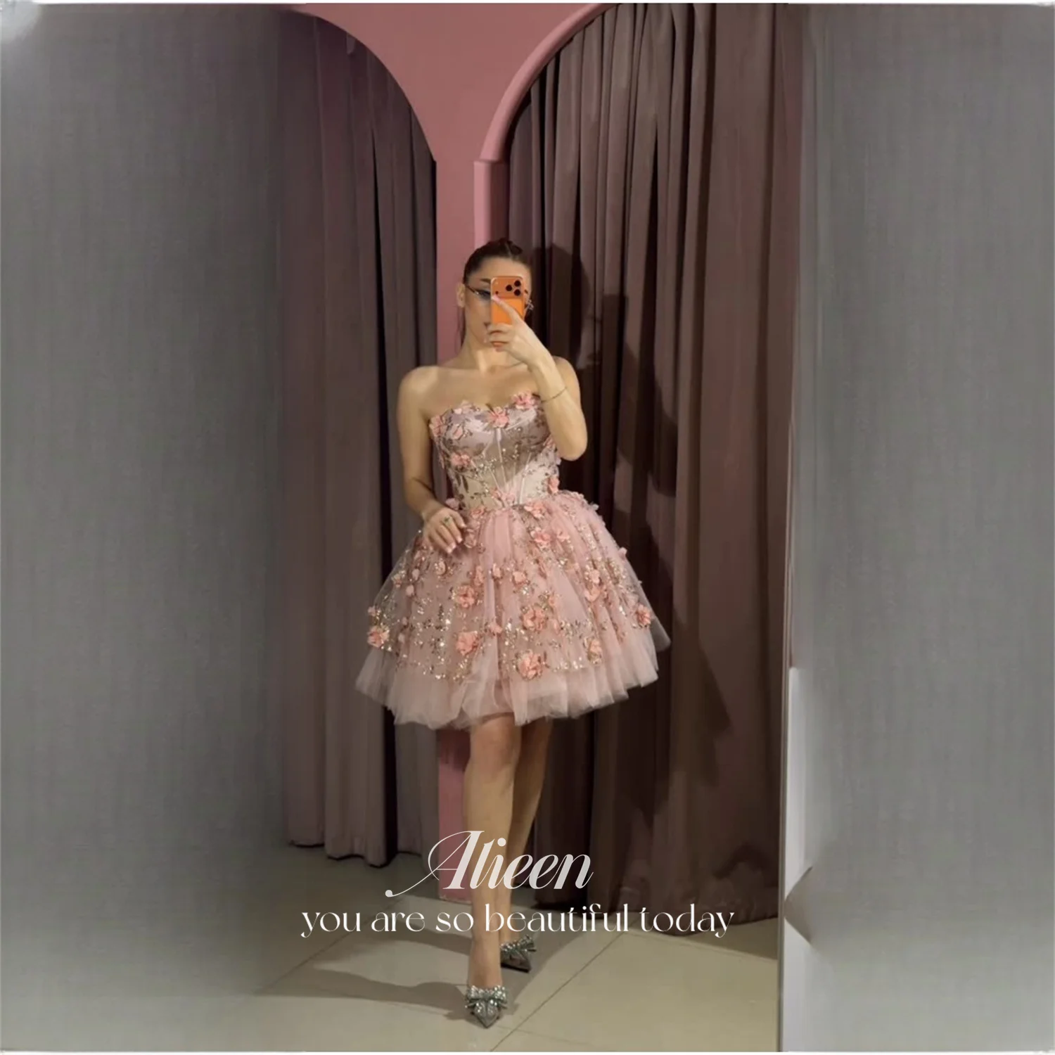 

Aileen Tulle Strapless Pink A-Line Cocktail Dress 2026 Prom Dress Sleeveless Flowers 3D Floral Homecoming Party Gown Customized