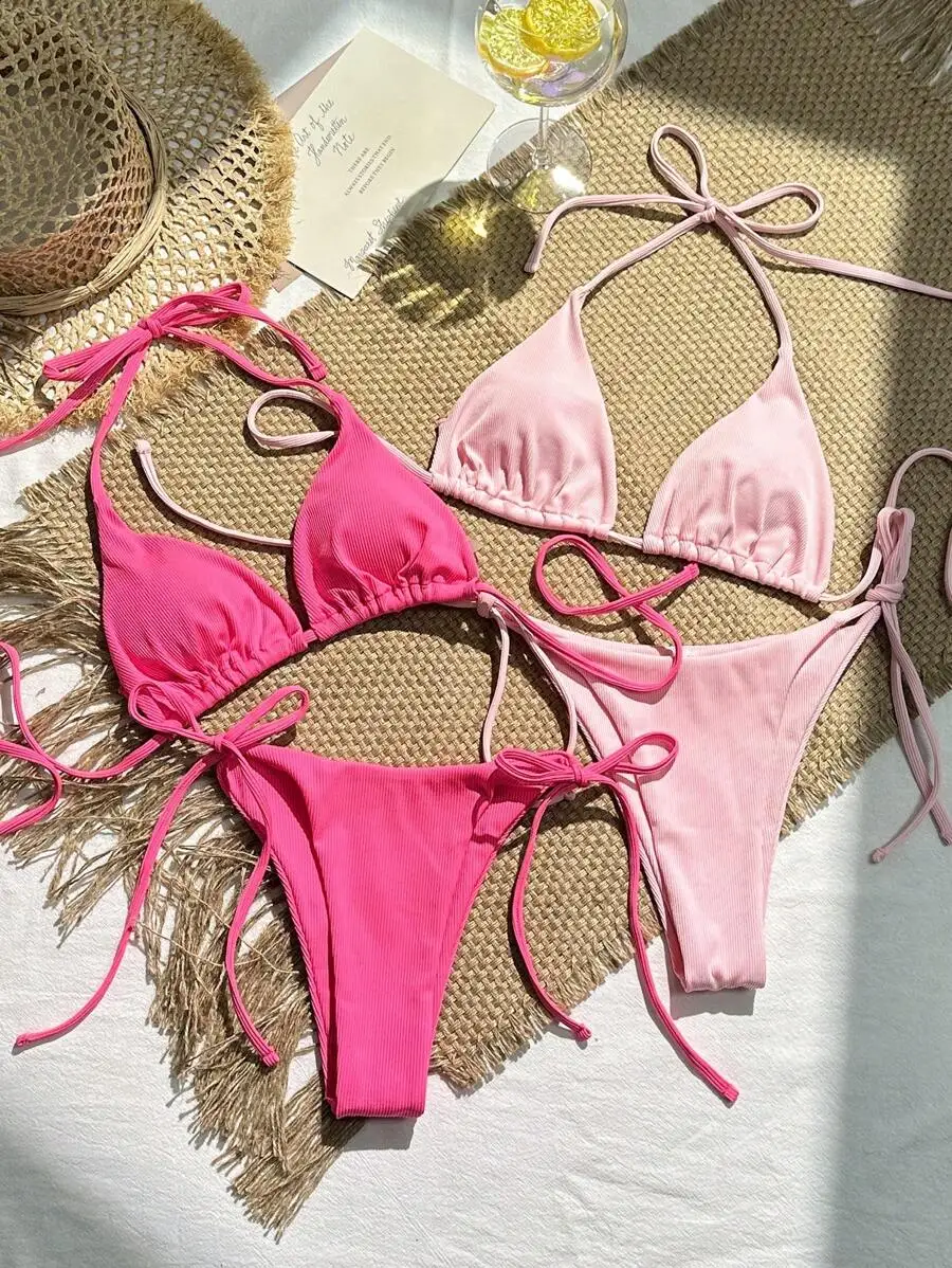 

4pcs Solid Color Halter Bikini Set For Women Summer Beach Vacation