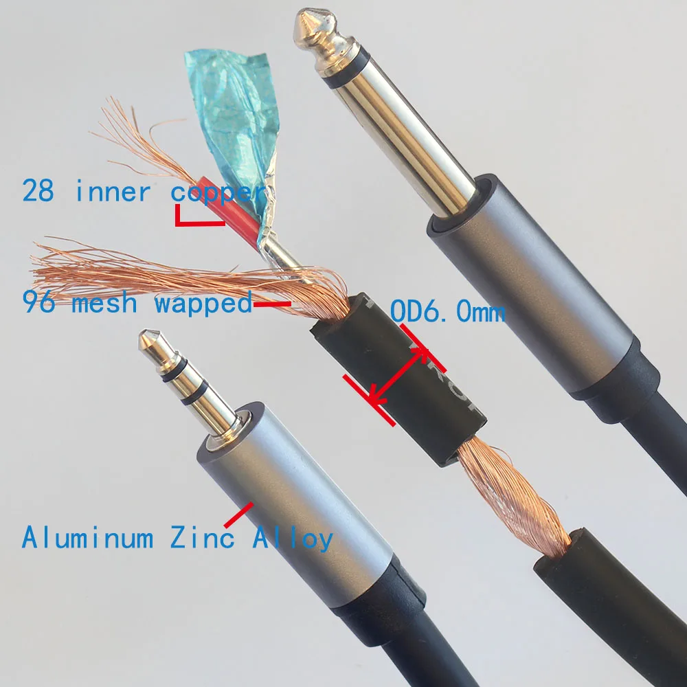 0.5m 1m 1.5 2m 3m 5 m 6.35 HiFi/6.5mm Mono-3.5 kabel Mono OD6mm z plecioną osłoną do wzmacniacza mikser gitara elektryczna