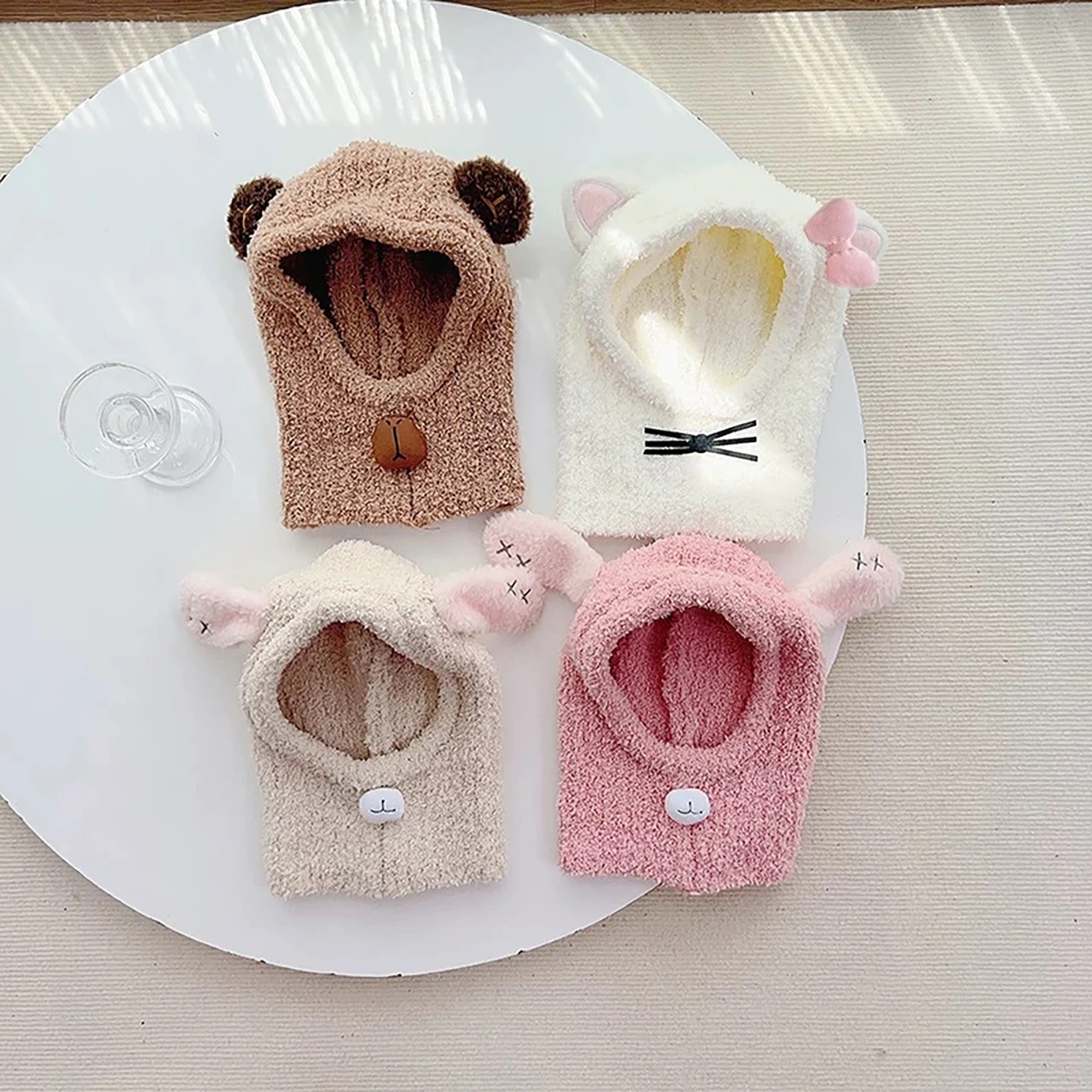 Cartoon Children Balaclava Headgear Winter Warm Kids Hooded Beanies 1-6Year Baby Ear Protection Cap Plush Scarf One-Piece Hat view 2