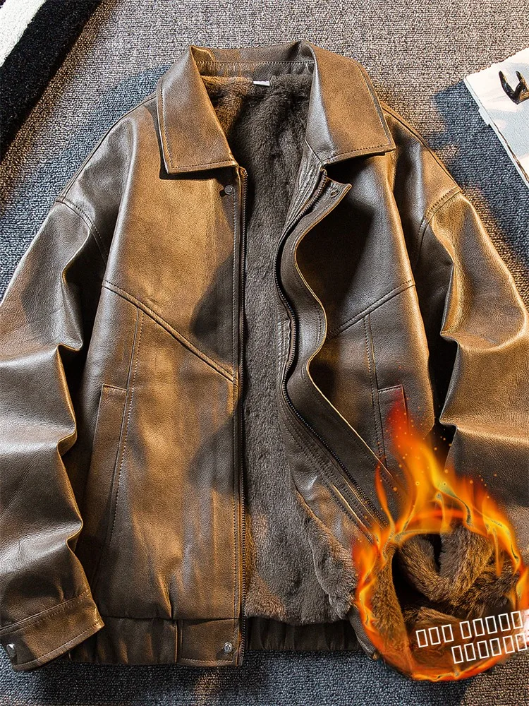 

High-End American Retro Biker Leather Jaet Men's Thiened Warm Fce Collar Motorbike Coat Youth Faion Winter Outerwear