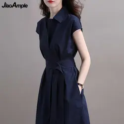 Women's Summer Graceful Solid Blue Midi Dress Korean Office Lady Waistbelt Short Sleeve Polo Collar Dresses 2024 New Clothing