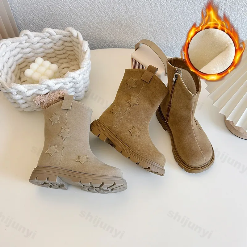 

Girls' Star Design Fashion Casual Thick Soled Boots 2025 Autumn New Style Children's Comfortable Solid Color Chunky Cotton Boots