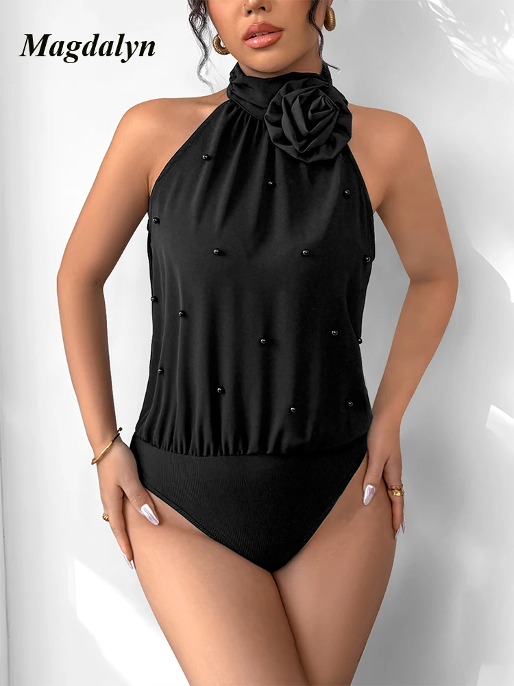 

Magdalyn Beading Floral Women One Piece Combination Bodysuits Solid Onesie Elegant Skinny Catsuits Sleeveless Rompers Lingerie