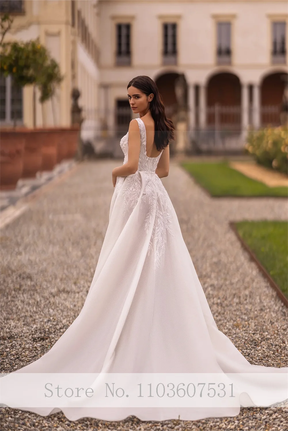 Elegante vestido de novia de encaje con tirantes finos para mujer, vestido de novia de satén con cuello en V, corte dividido lateral