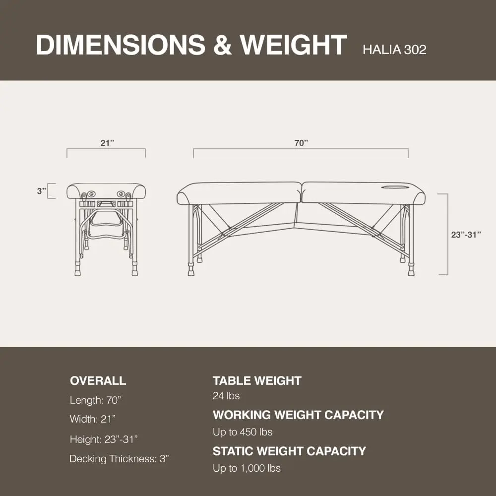 Mesa de masaje plegable de aluminio ultraligera para viajes, paquete de cama de Spa ancho, 302 Halia (negro, estándar)