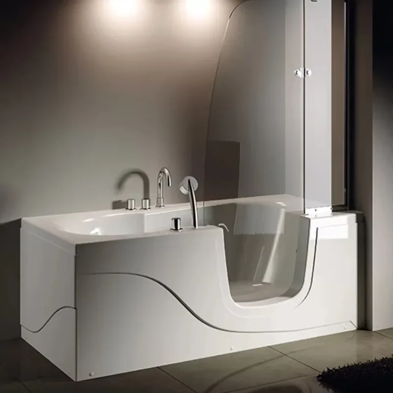 Indoor Walk in Bathtub Whirlpool Massage SPA Bathroom Soaking Jets Bath Tub Square with Glass Door Shower Faucet