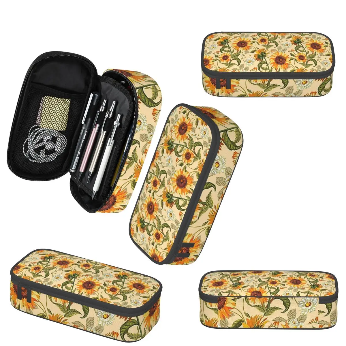ひまわり 70年代 ヴィンテージ ゴールデンイエローとオレンジの花柄 ペンケース 学校用ペンボックス ペンバッグ 文房具 ペンホルダーバッグ