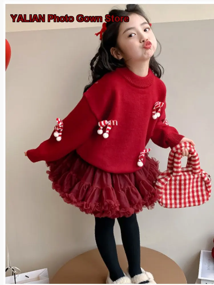 Girls Winter Clothes 2026 Kids Festive Knit Top Elegant for New Year Celebrations