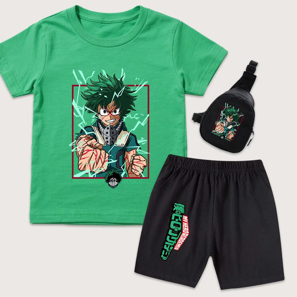 My Hero Academia Izuku Midoriya Print Kids Clothing Set 3Pcs Summer T Shirt Shorts and Chest Pack for Children Anime Fan Gift