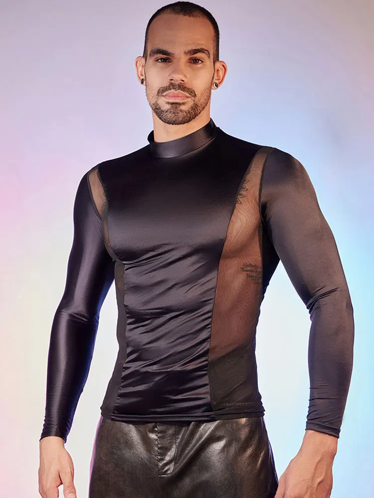 

Allure Men's Shiny Smooth Breathable Tops Sheer Transparent Patchwork Long Sleeve Shirts High Elastic Skinny Tops Club T-shirts