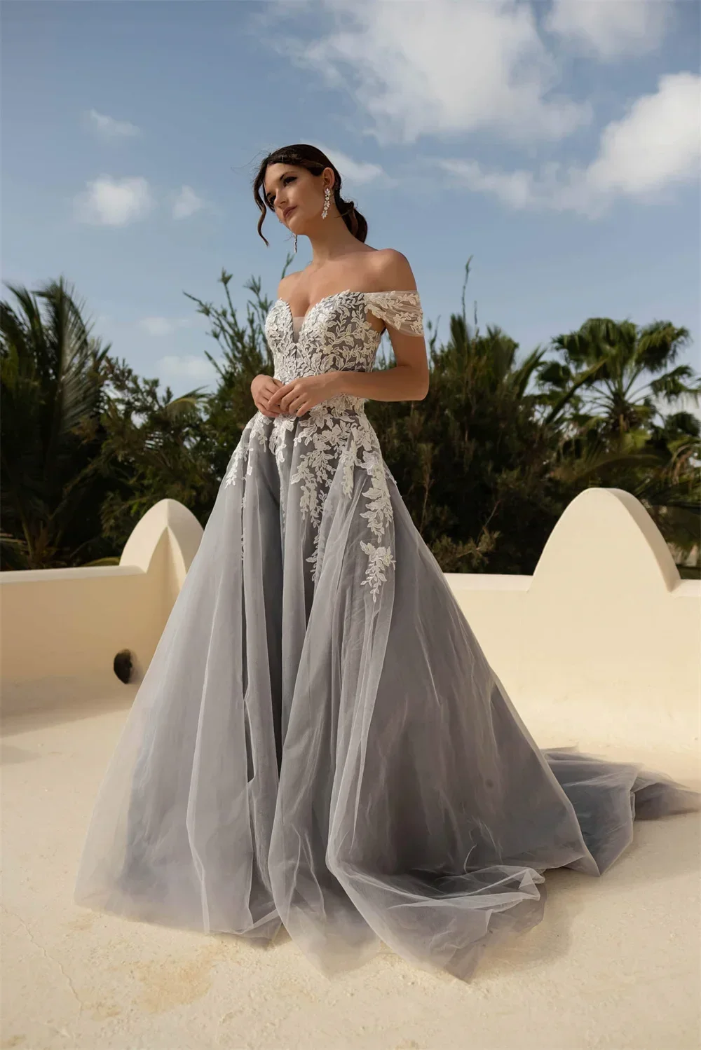

Customized Sexy Evening Dresses Elegant Silver Lace Embroidered Off-Shoulder A-Line Prom Dress High Quality Party Gown for Women