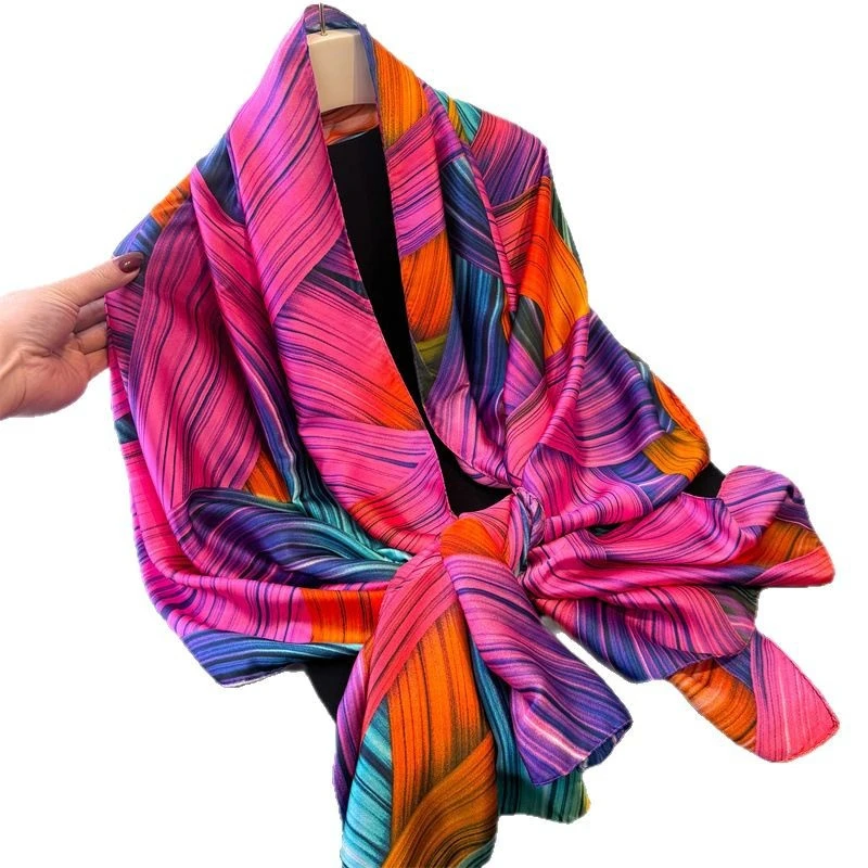 Luxury Silk Satin Large Scarf In Multicoloured Print Pink, Orange, Blue Vinatge Women Windproof Outdoor Head Wrap 180*90cm