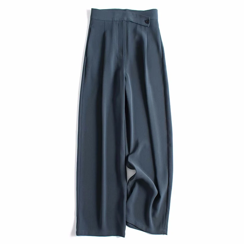 بنطلون نسائي واسع الساق بخصر مرتفع، مريح من الحرير، تصميم مستقيم طويل، أنيق وعصري لفصلي الربيع والصيف، مناسب للعمل