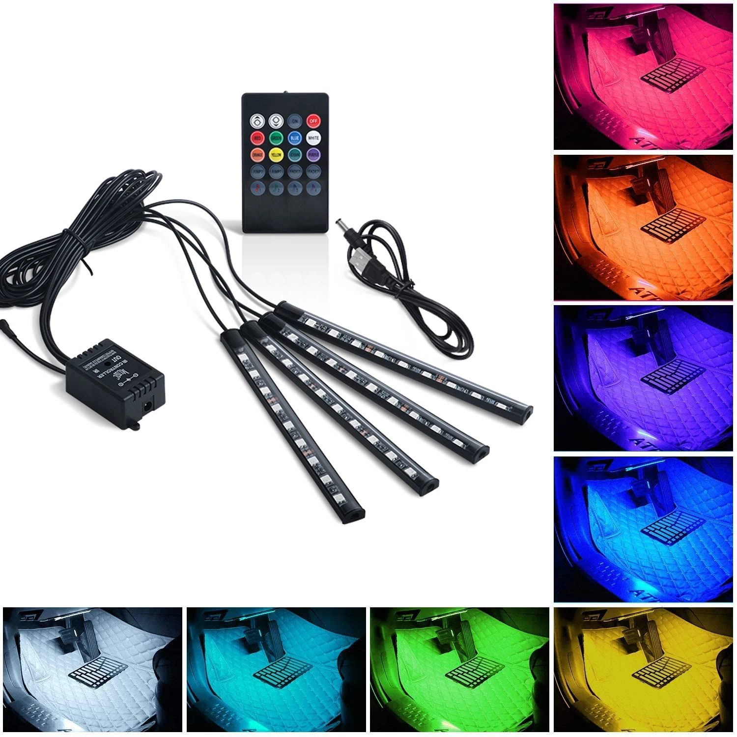 36 LED USB Interior Strip Light For Car Foot Ambient Backlight RGB Auto Atmosphere Decorative Lamp By Remote Music Control 12V