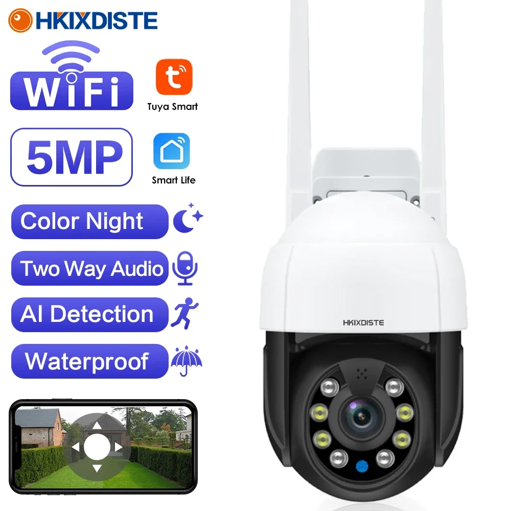 

5MP PTZ Wifi IP Camera Color Night Vsiion Outdoor Tuya Smart Home Security Camera 4X Zoom Mini Wireless CCTV Video Surveillance